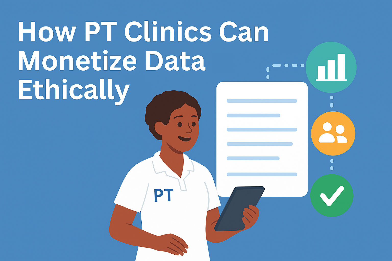 Physical therapist in a PT polo holding a tablet, surrounded by data icons representing charts, people, and check marks