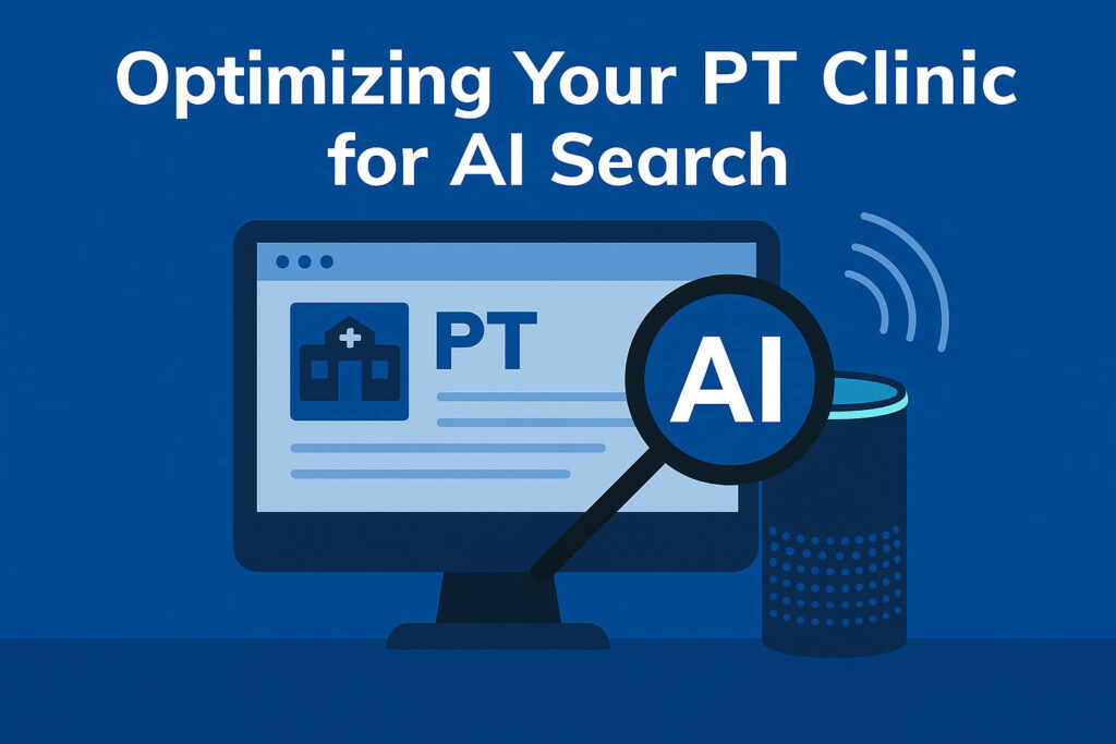 A digital illustration of a physical therapy clinic webpage being optimized for AI-powered search, with icons representing AI, search engines, and analytics.