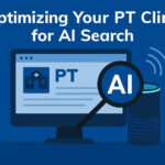 A digital illustration of a physical therapy clinic webpage being optimized for AI-powered search, with icons representing AI, search engines, and analytics.