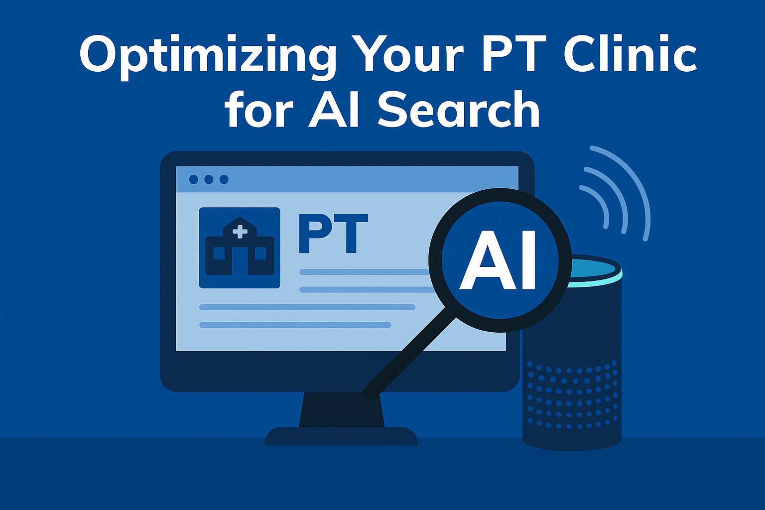 A digital illustration of a physical therapy clinic webpage being optimized for AI-powered search, with icons representing AI, search engines, and analytics.