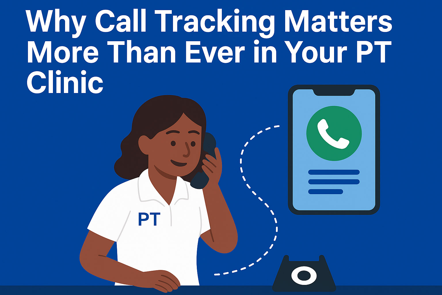 Physical therapist in a PT polo shirt using a landline while a mobile phone screen displays a call icon