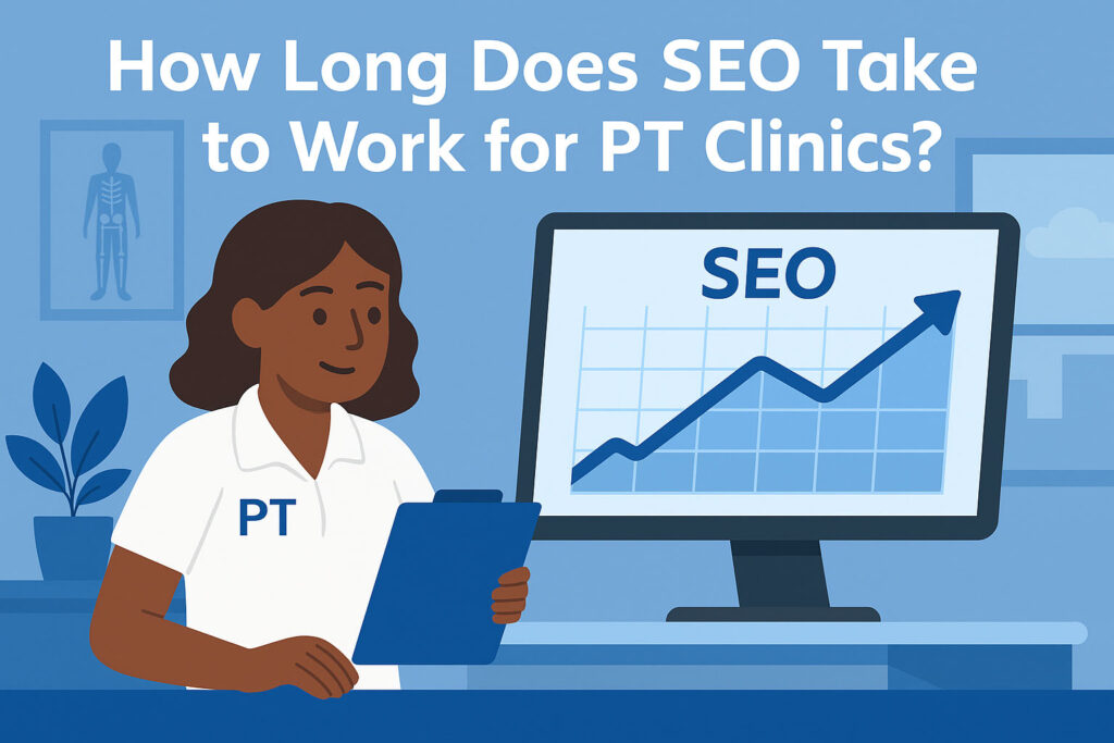 Illustration of a female physical therapist reviewing an SEO performance chart on a computer, set in a clinic environment.