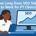 Illustration of a female physical therapist reviewing an SEO performance chart on a computer, set in a clinic environment.