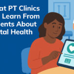 Illustration of a patient using a tablet in a clinic while a physical therapist provides support, representing digital health integration in physical therapy care.