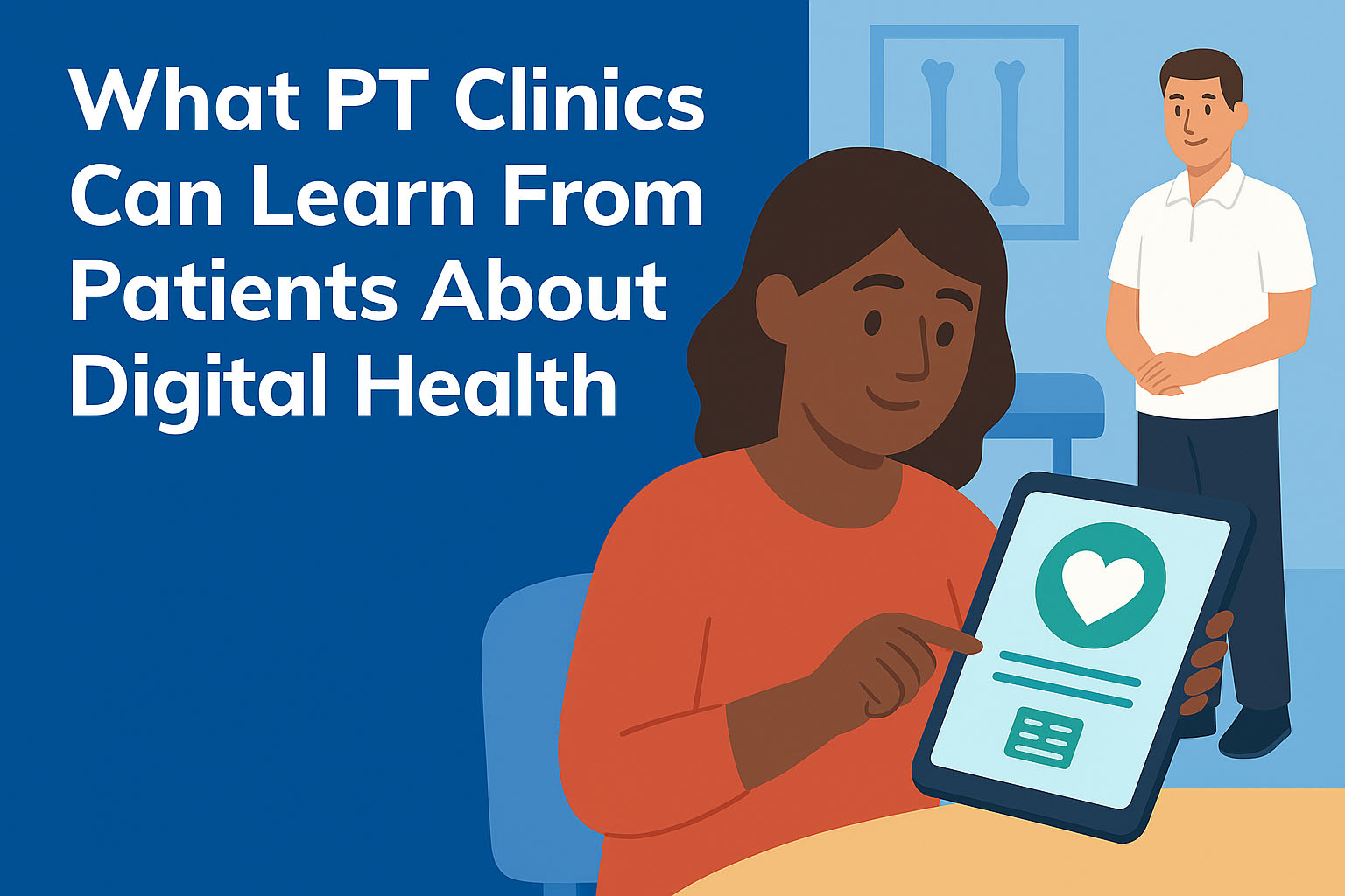 Illustration of a patient using a tablet in a clinic while a physical therapist provides support, representing digital health integration in physical therapy care.