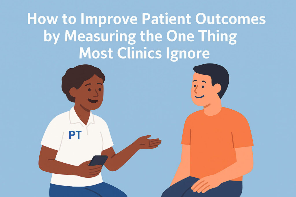 Illustration of a physical therapist having a friendly conversation with a smiling patient in a clinic setting, symbolizing positive patient experience.