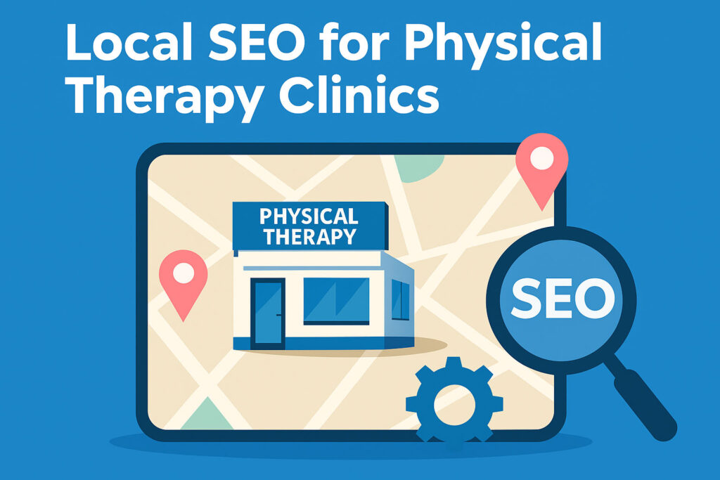 Illustration of a physical therapy clinic on a digital map with location pins and SEO icons.