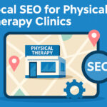 Illustration of a physical therapy clinic on a digital map with location pins and SEO icons.